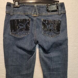 Womens Rocawear Stretchy Jeans Size 7 Low Rise Sequin Pockets Crossover Front